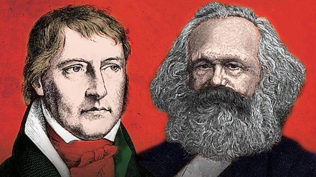 Hegel and Marx — engravings on red ground
